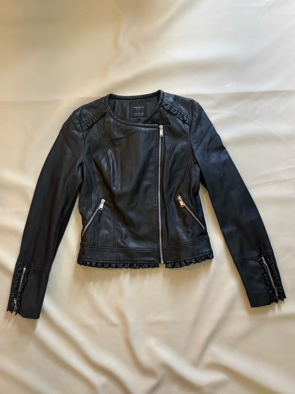 Zara Black Faux Leather Asymmetrical Zip Moto Jacket with Ruffle Trim